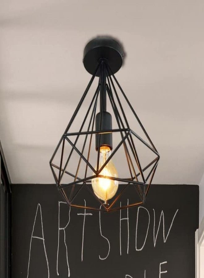 VRCT Industrial Vintage Semi Flush Mount Ceiling Light Edison Style Metal Diamond Metal Cage Hallway Ceiling Pendant Hanging Light for Bedroom Hallway Aisle Porch Black Bulb not Included - Image 1